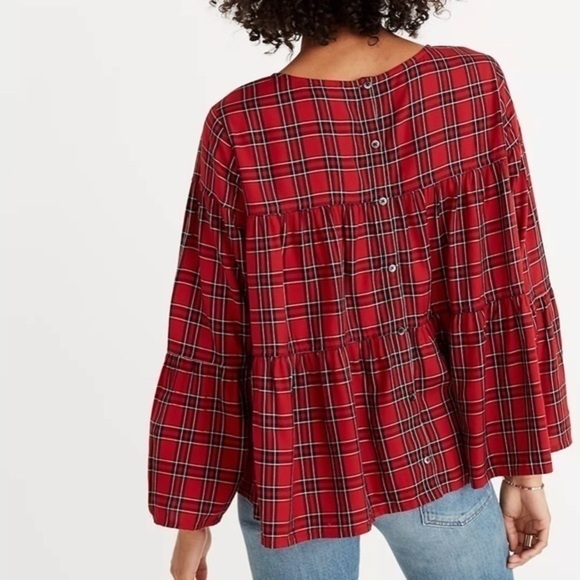 Madewell • Plaid Tiered Button-Back Top Red Plaid - Picture 3 of 9